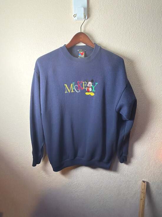 Mickey Unlimited Other - Vtg 90s Mickey Mouse Embroidered Spellout Sweatshirt Navy Blue M Made in USA